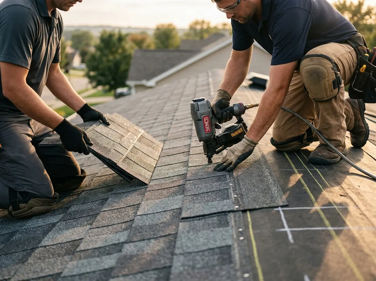 Professional roofer working on a residential roof in West Springfield